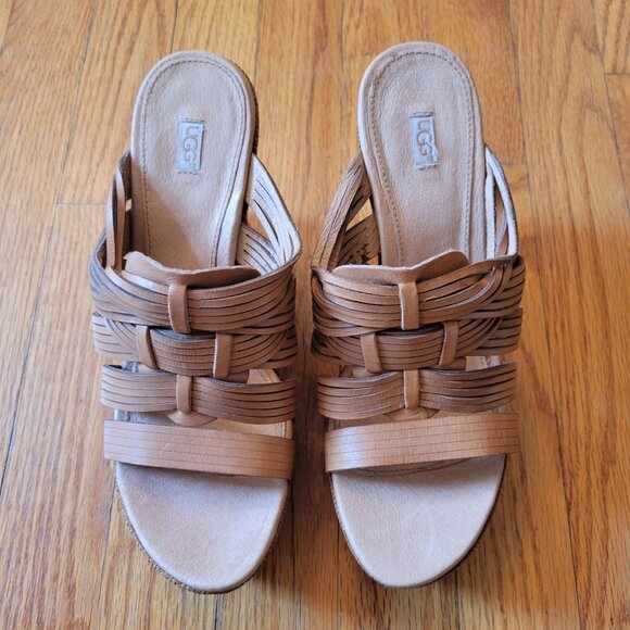 UGG 7.5 Leather Strappy Woven Wedge Heels 100712 MELINDA Suntan Cognac Espadrill - Picture 2 of 8